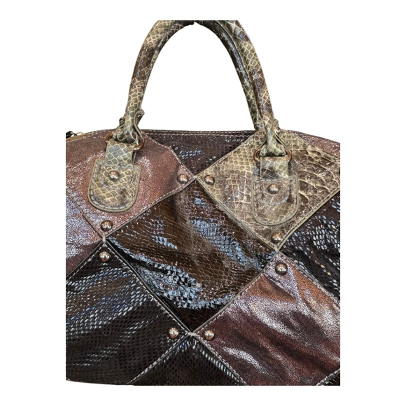 Acacia Diamond Stitch Black Pewter Metallic Leather Crossbody Satchel Handbag - Picture 12 of 14